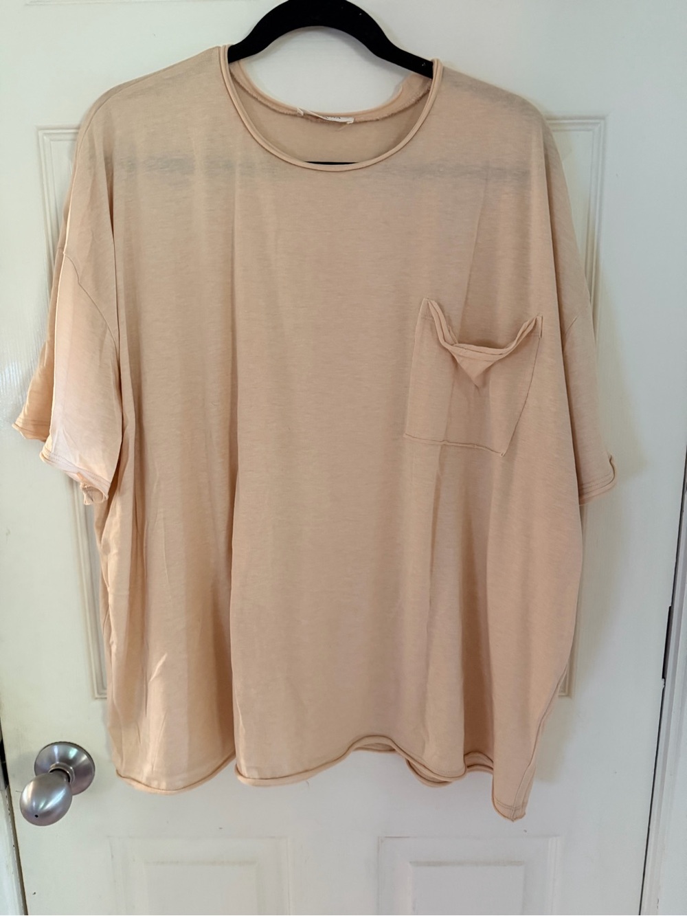 Zenana Oversized Tee w/Raw Hem & Pocket Detail- Tan/Beige